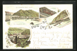 Lithographie Bad Ems, Malbergbahn, Kursaal Mit Promenade, Stadtansicht Aus Der Vogelschau  - Bad Ems