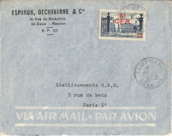 REUNION - OVERCHARGED 8 F CFA STAMP FRANKING COMMERCIAL AIR COVER FROM SAINT DENIS TO MAINLAND FRANCE - 1949 - Storia Postale