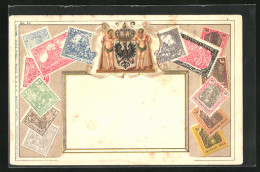 Präge-Lithographie Briefmarken Von Deutschland Verschiedener Werte, Männer Mit Keulen Neben Wappen Und Adler  - Briefmarken (Abbildungen)