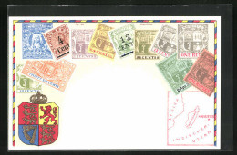 Präge-Lithographie Briefmarken Von Mauritius Verschiedener Werte, Landkarte Der Insel östlich Von Madagaskar, Wappen   - Francobolli (rappresentazioni)