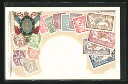 Präge-Lithographie Briefmarken Von Frankreich Verschiedener Werte, Kranz In Gold Mit Landesflaggen  - Francobolli (rappresentazioni)