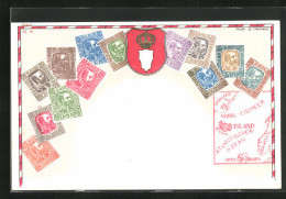 Präge-AK Island, Briefmarken Verschiedener Werte, Landkarte Der Insel, Wappen  - Islanda