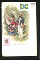 Lithographie Brief, Landesflagge, Brasilien, Postbote Mit Eingeborenen In Einer Hängematte  - Poste & Postini
