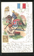 Lithographie Brief, Landesflagge, Indochina, Postbote Auf Einem Pferd  - Post & Briefboten
