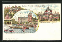 Lithographie Berlin, Gewerbe-Ausstellung 1896, Pavillon Der Stadt Berlin, Gartenbau-Ausstellung, Marine-Schauspiel  - Exhibitions