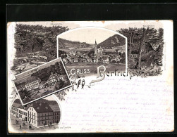 Vorläufer-Lithographie Bertrich, 1895, Gasthof Zum Curplatz, Käsegrotte, Panorama  - Bad Bertrich