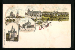 Lithographie Erfurt, Dom U. St. Severikirche, Dom Rückseite, Rathaus  - Erfurt