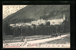 AK Pontresina, Kutsche Am Uferweg, Blick Auf Die Hotelanlagen  - Pontresina