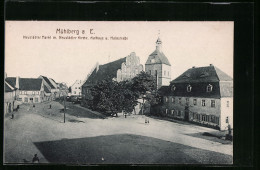 AK Mühlberg A. E., Neustädter Markt M. Neustädter Kirche, Kurhaus U. Hainstrasse  - Muehlberg