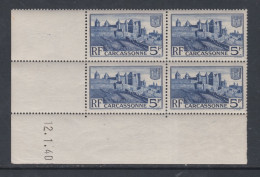 France N° 392 XX  Carcassonne En Bloc De 4 Coin Daté Du 12 . 1 . 40  Sans Charnière, TB - 1930-1939