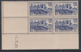 France N° 392 XX  Carcassonne En Bloc De 4 Coin Daté Du 7 . 7 . 39  Sans Charnière, TB - 1930-1939