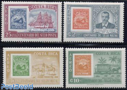 Costa Rica 1963 Stamp Centenary 4v, Mint NH, Transport - 100 Years Stamps - Stamps On Stamps - Railways - Ships And Bo.. - Stamps On Stamps