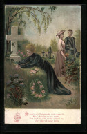 Lithographie Das Elterngrab, Frau Trauert Kniend Vor Dem Grab  - Begrafenis