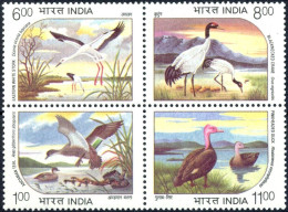 INDIA 1994 Endangered Water Birds Set (Sg#1603-6) MNH "WITHDRAWN" ISSUE Block As Per Scan - Oies