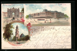 Lithographie Potsdam, Stadtschloss, Garnisonskirche, Brandenburger Tor  - Potsdam