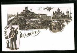 Lithographie Drachenfels, Hotel, Schloss, Bahn  - Drachenfels