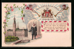 Lithographie Hamburg, Rathaus Und Ratsherr, Festkarte Zur Eröffnug Des Neuen Rathauses, Wappen  - Mitte
