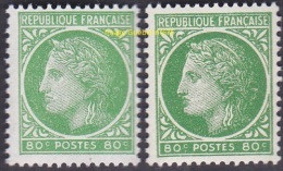 France Cérès De Mazelin N°  675  ** Le 80 Centimes  Vert En 2 Couleurs - 1945-47 Cérès De Mazelin