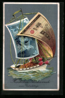 AK Segelboot Mit Segeln Aus Banknoten, Neujahrsgruss Mit Geld  - Monedas (representaciones)