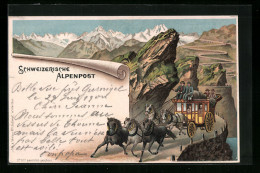 Lithographie Postkutsche Der Schweizer Alpenpost  - Postal Services