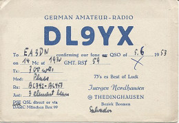 X120857 CARTE QSL RADIO AMATEUR DL9YX ALLEMAGNE GERMANY DEUTSCHLAND BEZIRK BREMEN  EN 1953 - Amateurfunk