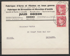 L. "Fabrique D'arcs Et De Flèches Jules Doizon" Affr. N°910x2 Càd HORNU /-5-5-1953 Pour LAUSANNE (Suisse) - Cartas & Documentos