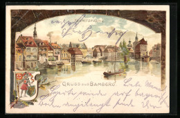 Lithographie Bamberg, Regnitzpartie, Wappen  - Bamberg