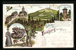 Lithographie Feldberg I. Taunus, Drei Feldberghäuser, Lipstempel, Bünhildisfelsen  - Taunus