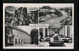 AK Waltersdorf, Gasthof Erbgericht, Inh. O. Schmidt, Innenansicht, Basteibrücke M. Lilienstein  - Bastei (sächs. Schweiz)