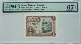 •Q-B• SPAIN 1 PESETA 1953 ÚLTIMA SERIE 1G • P 144 A• PMG 67 SUPERB GEM UNC - 1-2 Peseten