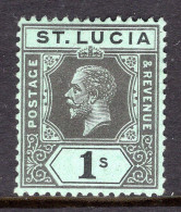 St Lucia 1912-21 KGV - Wmk. Multiple Crown CA - 1/- Black On Green HM (SG 85) - St.Lucia (...-1978)