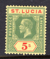 St Lucia 1912-21 KGV - Wmk. Multiple Crown CA - 5/- Green & Red On Yellow HM (SG 88) - Ste Lucie (...-1978)