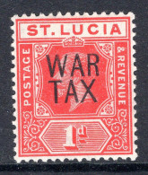 St Lucia 1916 KGV - WAR TAX - 1d Scarlet LHM (SG 89) - St.Lucia (...-1978)