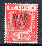 St Lucia 1916 KGV - WAR TAX - 1d Scarlet LHM (SG 89) - St.Lucia (...-1978)