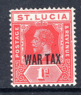 St Lucia 1916 KGV - WAR TAX - 1d Scarlet HM (SG 90) - Ste Lucie (...-1978)