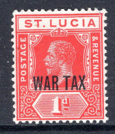 St Lucia 1916 KGV - WAR TAX - 1d Scarlet HM (SG 90) - St.Lucia (...-1978)