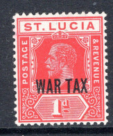 St Lucia 1916 KGV - WAR TAX - 1d Scarlet HM (SG 90) - Ste Lucie (...-1978)