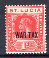St Lucia 1916 KGV - WAR TAX - 1d Scarlet HM (SG 90) - St.Lucia (...-1978)