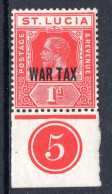 St Lucia 1916 KGV - WAR TAX - 1d Scarlet - Plate 5 Single HM (SG 90) - St.Lucia (...-1978)