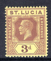 St Lucia 1921-30 KGV - Wmk. Script CA - 3d Purple On Pale Yellow HM (SG 100) - St.Lucia (...-1978)