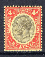 St Lucia 1921-30 KGV - Wmk. Script CA - 4d Black & Red On Yellow HM (SG 101) - St.Lucia (...-1978)