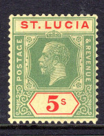 St Lucia 1921-30 KGV - Wmk. Script CA - 5/- Green & Red On Yellow HM (SG 105) - St.Lucia (...-1978)