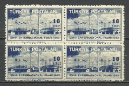 Turkey; 1943 Izmir International Fair 10 K. Variety "Thick Paper" (Block Of 4) - Unused Stamps