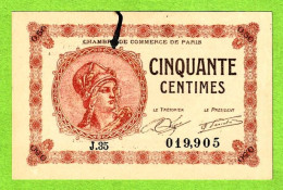 FRANCE / CHAMBRE De COMMERCE De PARIS / 50 CENT. / 10 MARS 1920 / N° 019,905 / SERIE J 35 / 1 TACHE - Handelskammer