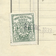 REPUBLICA ESPAÑOLA 1933 — TIMBRE PARA FACTURAS 15 Cts En Antigua Factura — Sello Fiscal Usado (o) - Fiscali