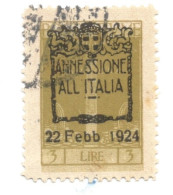 (COLONIE E POSSEDIMENTI) 1924, FIUME, ANNESSIONE ALL'ITALIA, 3L - 1 Francobollo Usato (CAT. SASSONE N.224) - Fiume