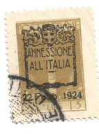 (COLONIE E POSSEDIMENTI) 1924, FIUME, ANNESSIONE ALL'ITALIA, 5L - 1 Francobollo Usato (CAT. SASSONE N.225) - Fiume