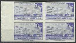 Turkey; 1943 20th Anniv. Of The Republic 10 K. ERROR "Imperforate Block Of 4" - Unused Stamps