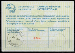 OUGANDA UGANDA  La22A  3 Shs.  International Reply Coupon Reponse Antwortschein IRC IAS O KAMPALA UGANDA 21.04. W/o Year - Kenya, Ouganda & Tanganyika