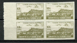 Turkey; 1943 20th Anniv. Of The Republic 13 1/2 K. ERROR "Imperforate Block Of 4" - Ungebraucht